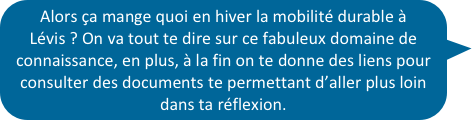 Alors ça mange quoi en hiver la mobilité durable à Lévis ? On va tout te dire sur ce fabuleux domaine de connaissance, en plus, à la fin on te donne des liens pour consulter des documents te permettant d’aller plus loin dans ta réflexion. 